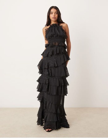 occasion ruffle maxi skirt & halter neck top co-ord in black