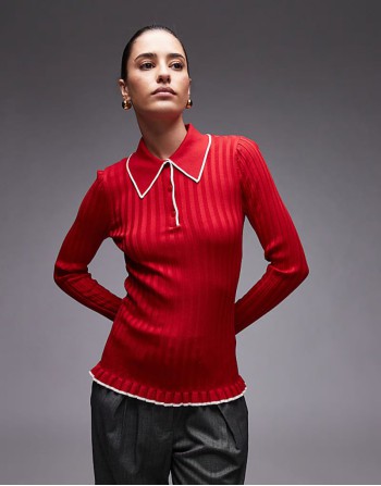 knitted rib polo top with long sves in red