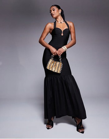 Premium co-ord bandage scoop detail halter neck top and maxi skirt in black