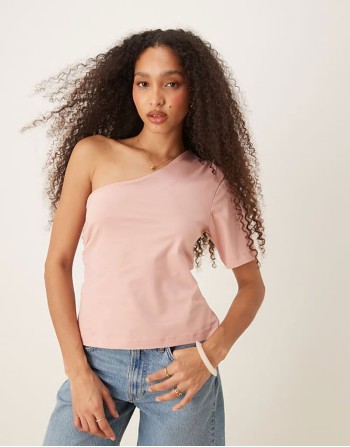 one shoulder ruched waist top in dusty pink