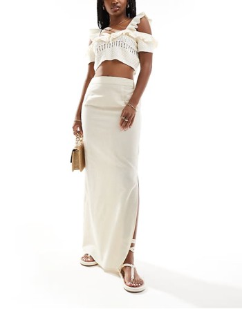 linen blend column maxi skirt in stone