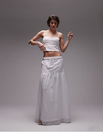 poplin lace insert tiered maxi skirt in white