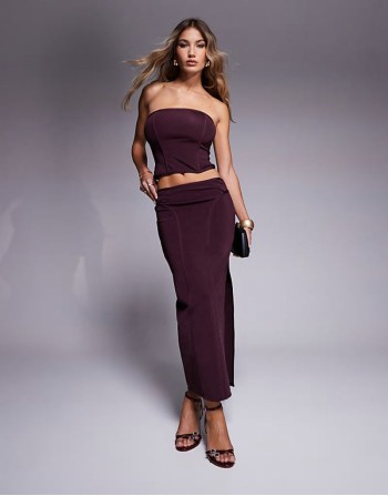 co-ord bandage bandeau corset top and midi skirt in burgundy