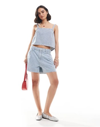 pinstripe denim cami top and shorts co-ord set in light blue