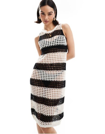 crochet midi dress in black and stone stripe