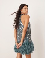embellished plunge neck mini dress with faux feather hem in blue