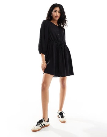 linen touch tie waist mini dress in black