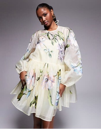 oversized organza mini smock dress with floral embroidery in  buttermilk - YELLOW