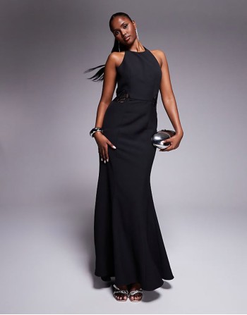 high neck fishtail maxi dress with lace panels in black