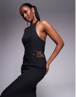 high neck fishtail maxi dress with lace panels in black