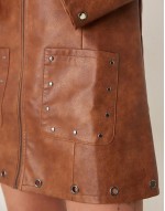 pu mini zip through shirt dress with metal stud and eyelet detail in washed tan