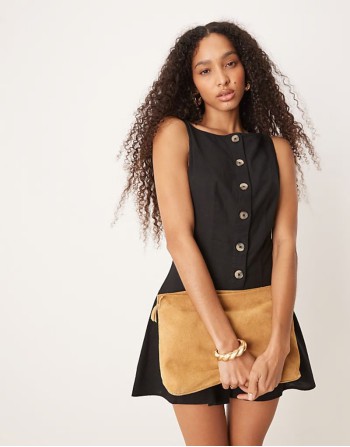 slash neck button down waistcoat mini dress in black