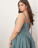 Curve strappy ruched bodice full skirt maxi dress in dusky blue