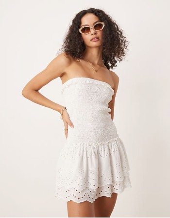 broderie ruched bandeau mini beach dress in white