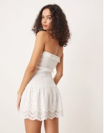 broderie ruched bandeau mini beach dress in white