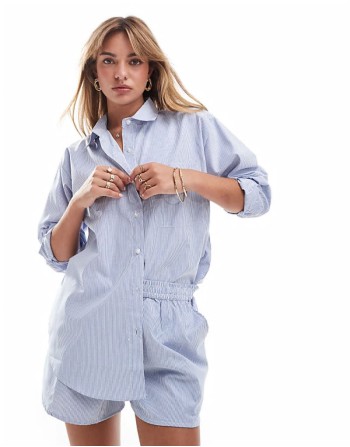 co-ord blue and white stripe shirt